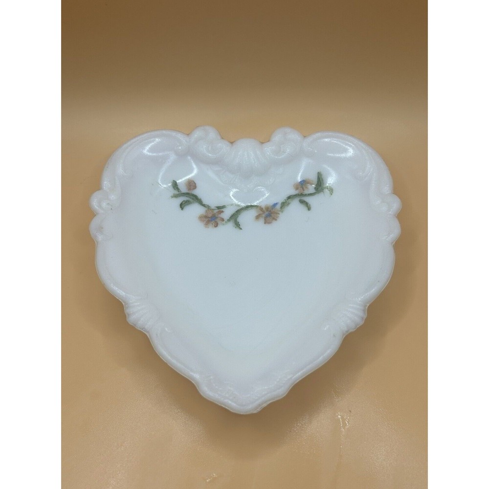 Antique Hand Painted Heart-Shaped Milk Glass Victorian Trinket Dish